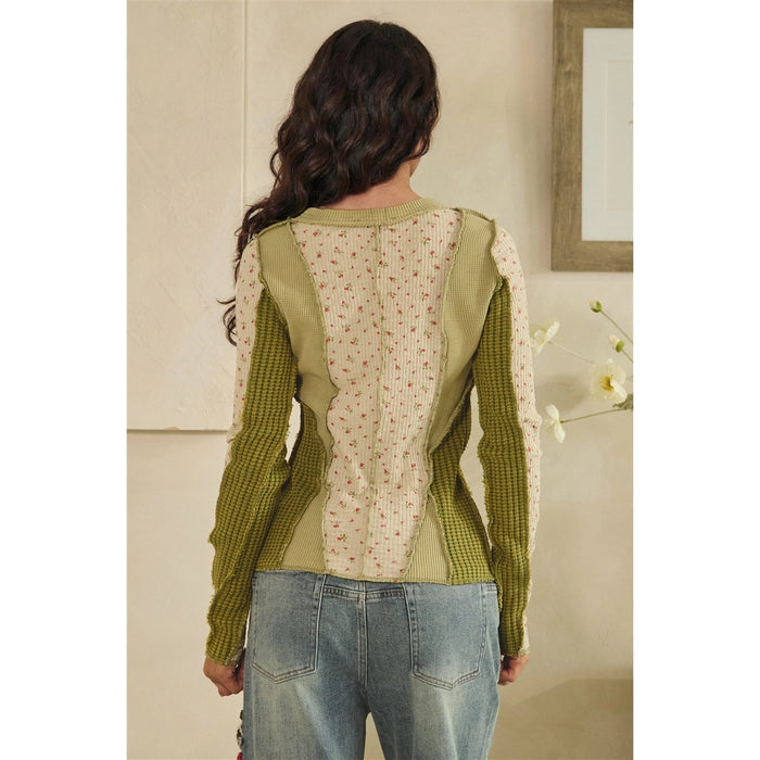 Green Washed Ditsy Print Waffle Mix Top