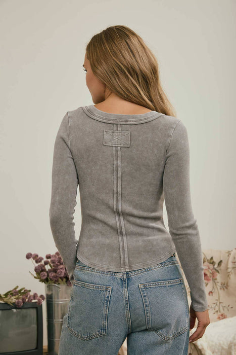 Charcoal Washed Long Sleeve Ribbed Henley Top