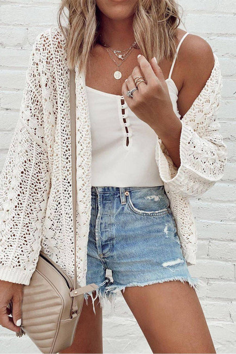 White Hollow Out Knit Drop Shoulder Cardigan