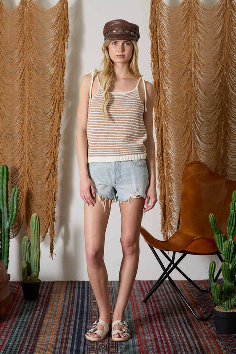Mocha Stripe Crochet Knit Tie Strap Tank