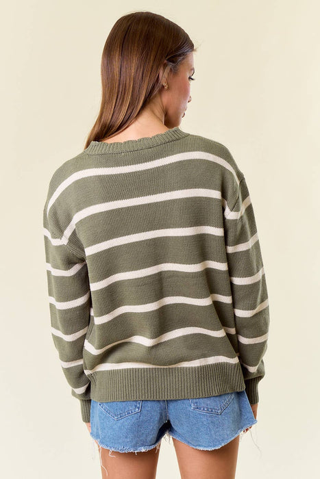 Olive Scallop Neckline Long Sleeve Striped Sweater Top
