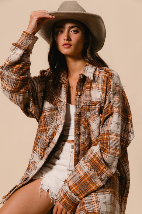 Checked Woven Frayed Dege Detail Shacket