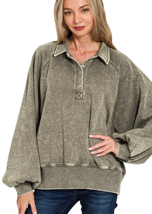 Dark Olive Acid Wash Fleece Button Up Collared Pullover Top