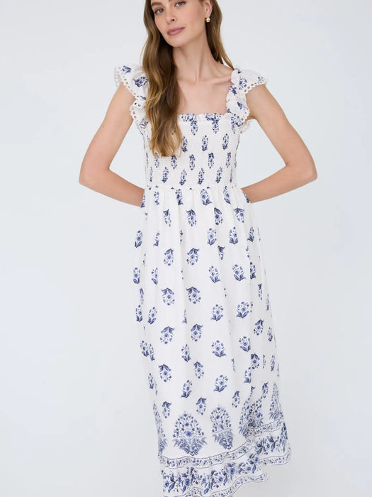 Navy/White Floral Border Hem Trim Smocked Midi Dress