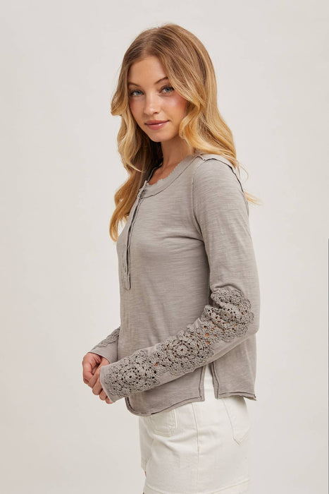 Crochet Patch Sleeved Half Button Round Neck Top