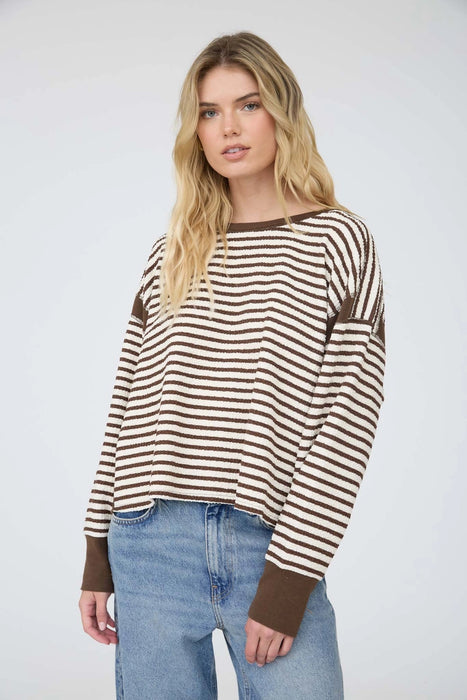 Mocha Stripe Contrast Trim Back Cut-Out Detail Knit Top