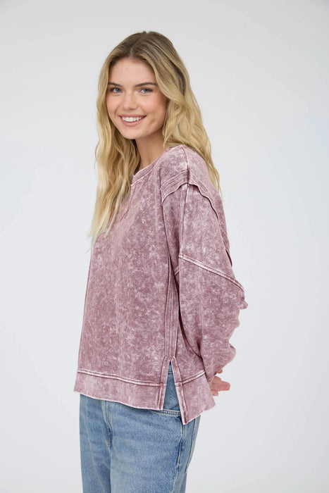 Maroon Acid Wash Long Sleeve Side Slit Knit Top
