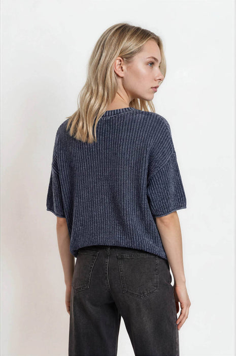 Burgundy Washed Raw Edge Short Sleeve Sweater