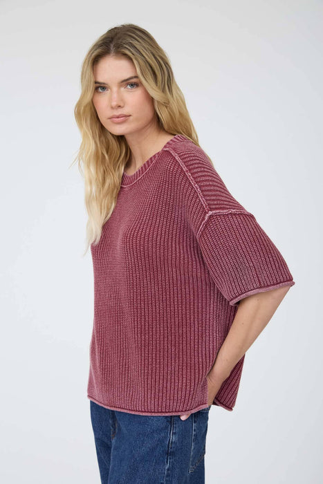 Burgundy Washed Raw Edge Short Sleeve Sweater