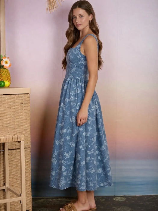 Denim Floral Jacquard Corset Detail Midi Dress