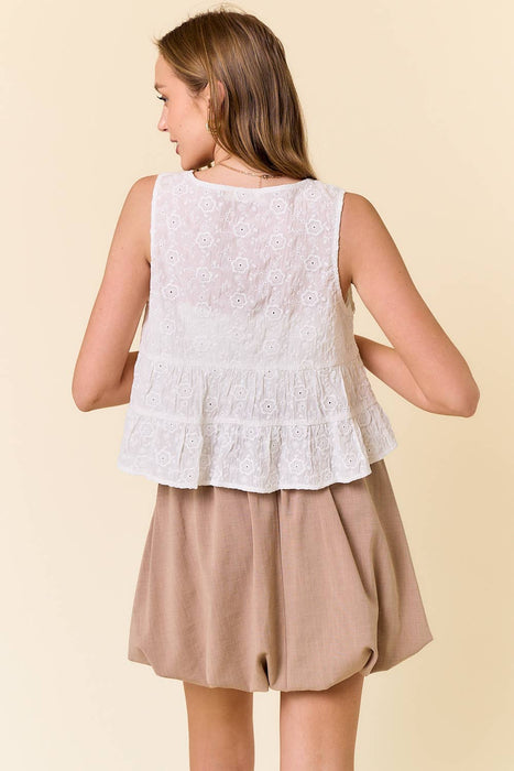 Floral Embroidered Front Tie Sleeveless Ruffle Top