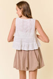 Floral Embroidered Front Tie Sleeveless Ruffle Top