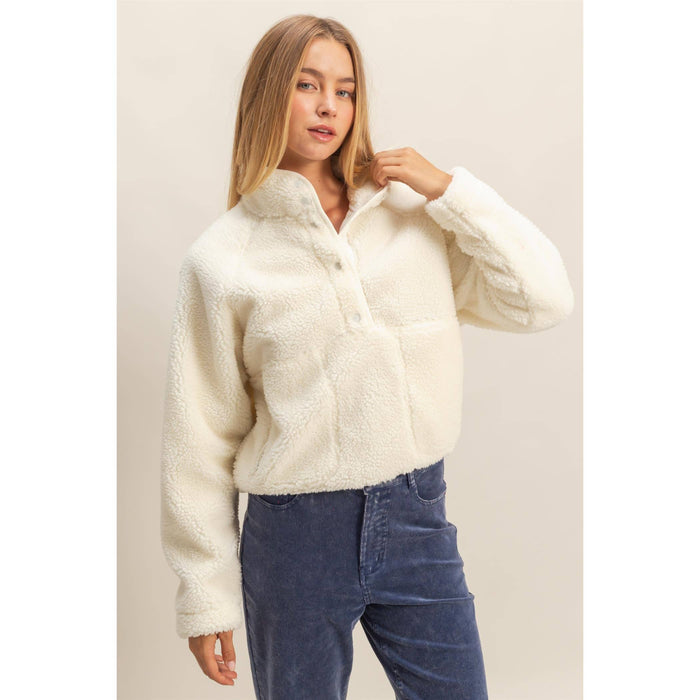White Cozy Sherpa Half Snap CROPPED Jacket With Pockets