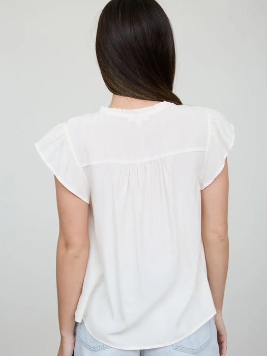 Ivory Ruffled Yoke Short Sleeve Henley Blouse