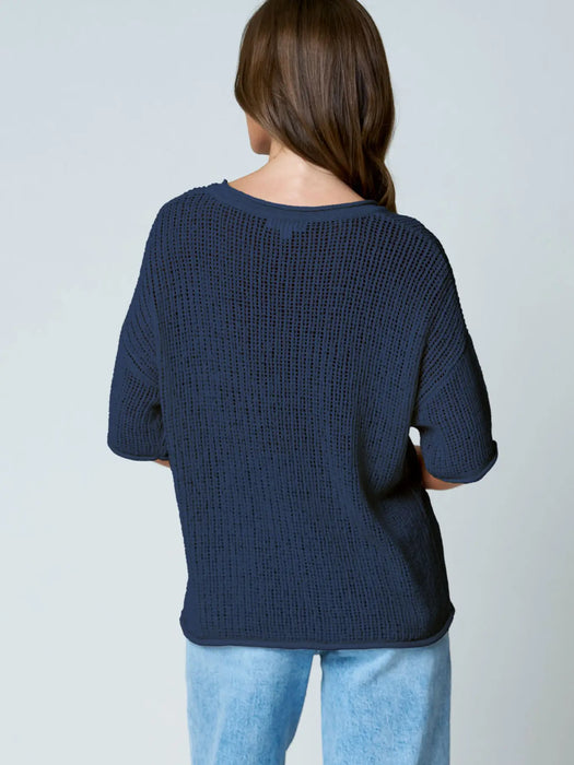 Navy Split Neck Raw Edge Sheer Crochet Knit Top