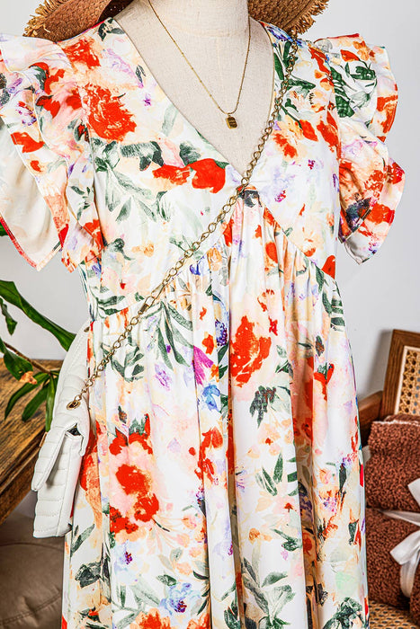 Floral Double Ruffle Sleeve High Waist Mini Dress | S-XL