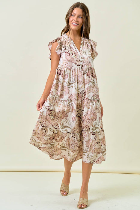 Paisley Print Split Neck Tiered Midi Dress