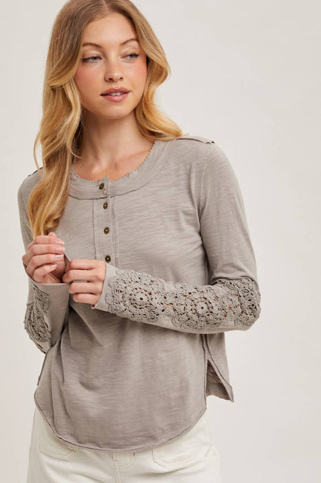 Crochet Patch Sleeved Half Button Round Neck Top