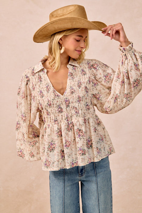 Floral Printed Woven V Neck Top With Smoked Detail