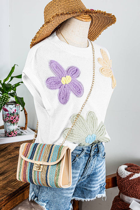 Crochet Flower Knit Short Sleeve Sweater Tops | S-XL
