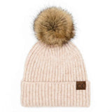 C.C. Soft Ribbed Fur Pom Beanie