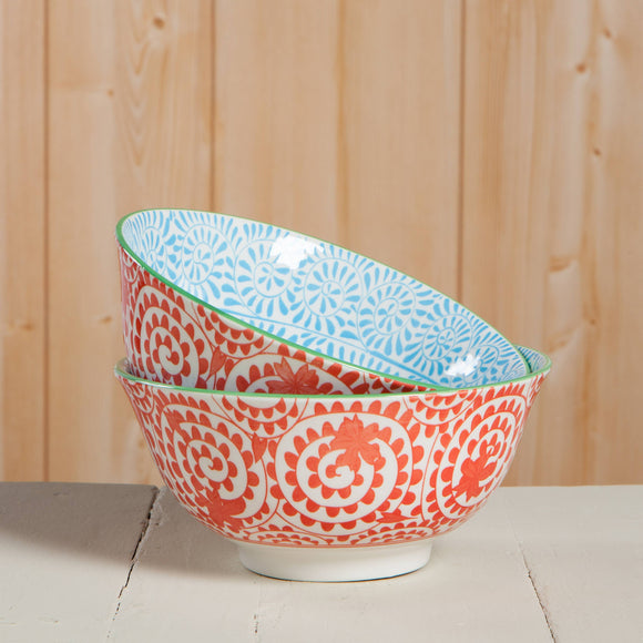 Orange and Blue Swirls Stamped Bowl 6 inch