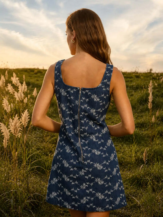 Floral Embroidery Denim Mini Dress
