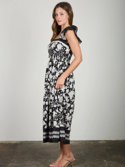 Black Floral Border Detail Smocked Waist Midi Dress