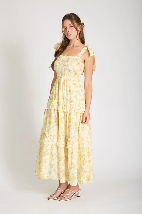Floral Sweetheart Smocked Ruffle Detail Midi Dress