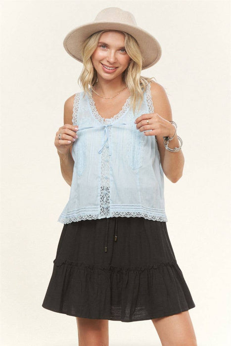 Sleeveless Front Lace Trim Blouse