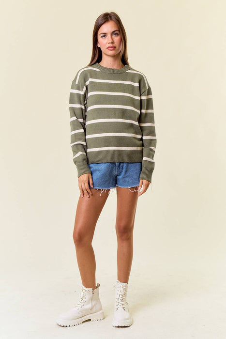 Olive Scallop Neckline Long Sleeve Striped Sweater Top