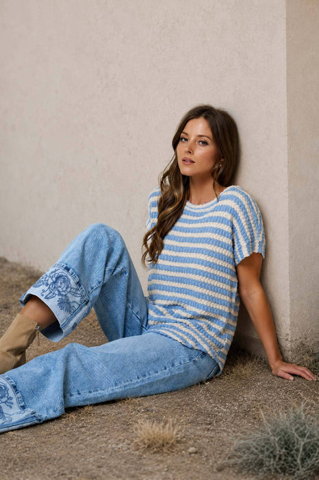 Dusty Blue Textured Stripe Knit Top