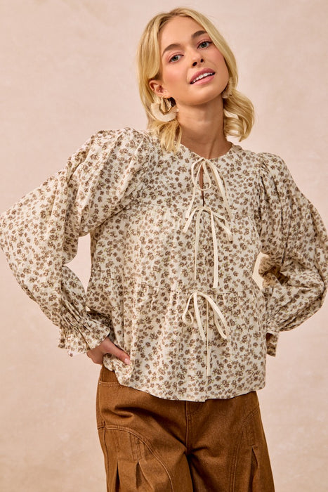 Floral Printed Peplum Top With Shirring And Tied