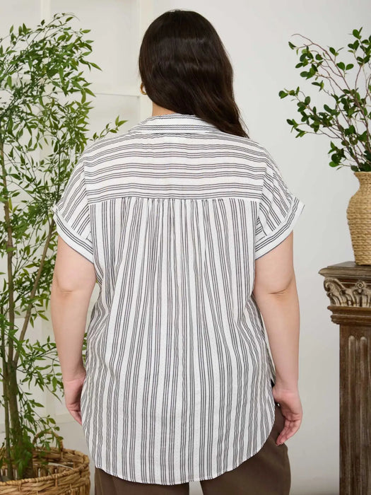 PLUS Stripe Collared Half Button Short Sleeve Top