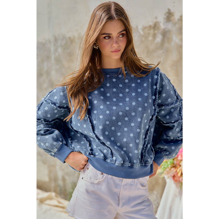 Denim Polka Dot  Frayed Edge Detail Top