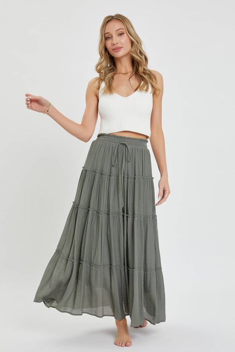 Olive Flowy Tiered Maxi Skirt