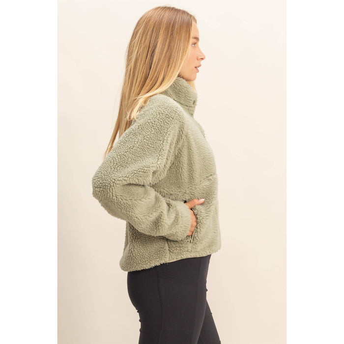 Soft Olive Sherpa Half Snap CROPPED Hoodie With Pockets