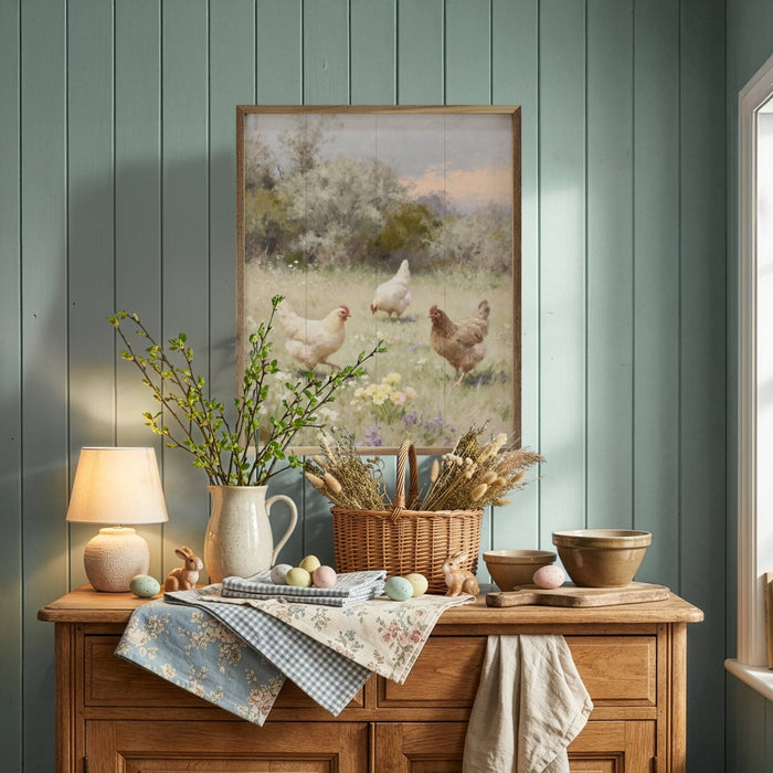 Chickens Playing In Pasture One Framed Wall Art
