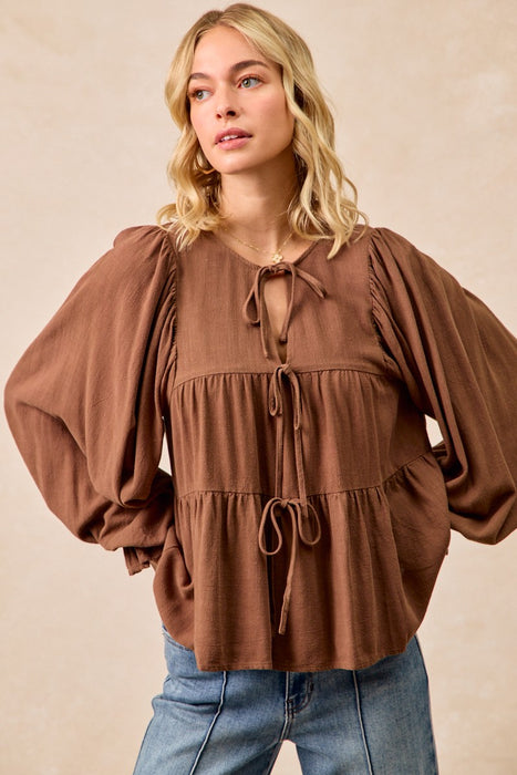 Linen Like Solid Top With Bow Tied Details