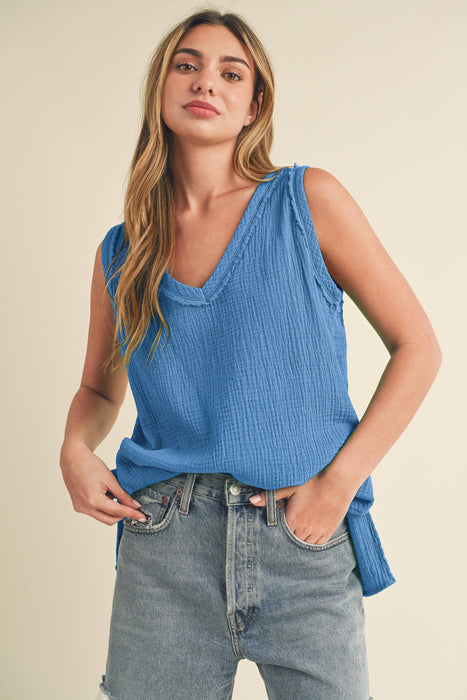 Sage Cotton Gauze V Neck Tank