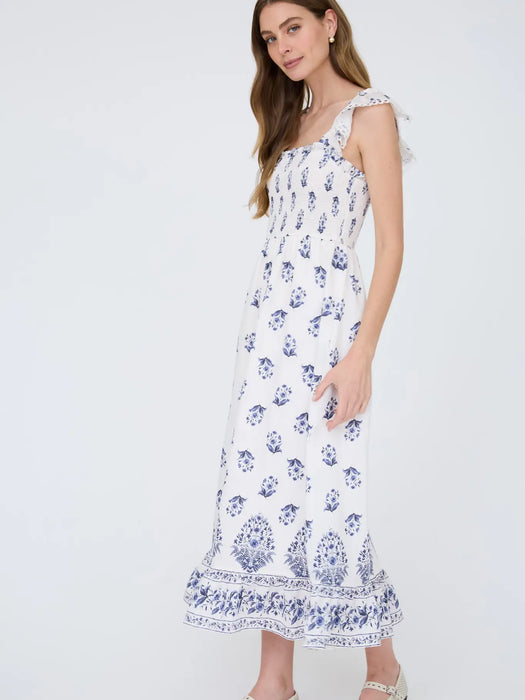Navy/White Floral Border Hem Trim Smocked Midi Dress