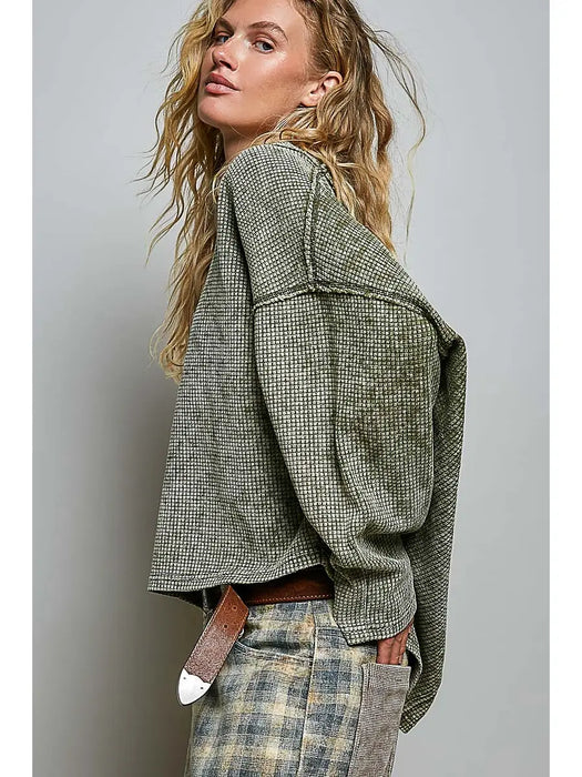 Olive Vintage Thermal Micro-Check Waffle Knit Solid Top