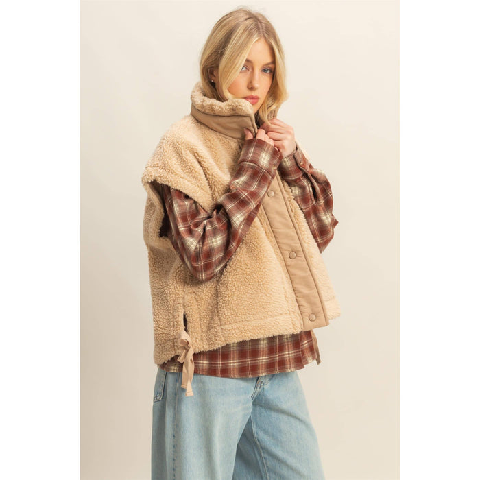Beige Cozy Sherpa Vest Jacket with Tie-Up Side Details
