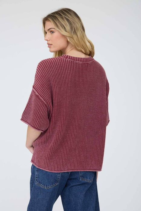 Burgundy Washed Raw Edge Short Sleeve Sweater