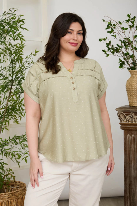 PLUS Light Olive Polka Dot Lace Trim Half Button Short Sleeve Top