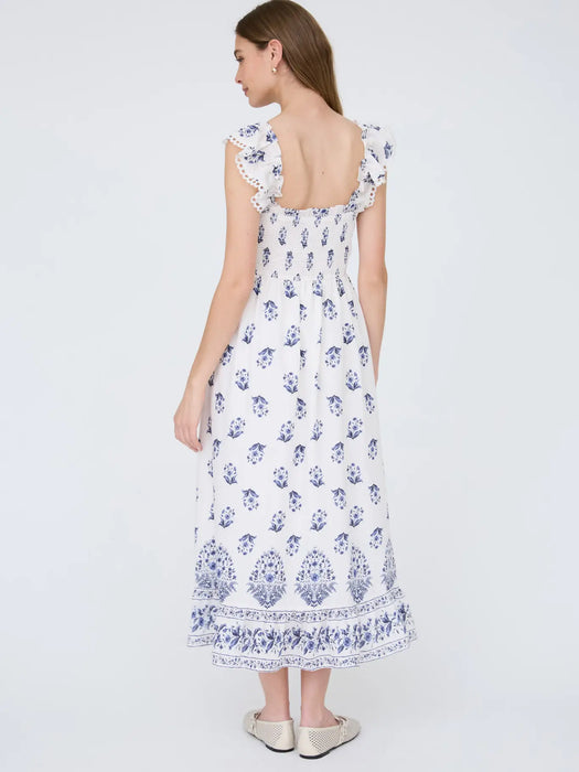 Navy/White Floral Border Hem Trim Smocked Midi Dress