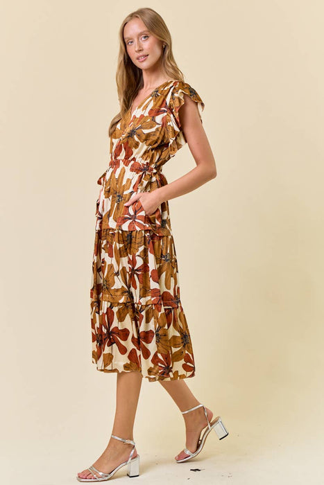 Floral Satin Ruffle Tiered Midi Dress
