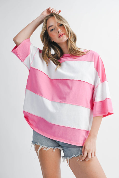 Pink/White Color Block Cotton Top