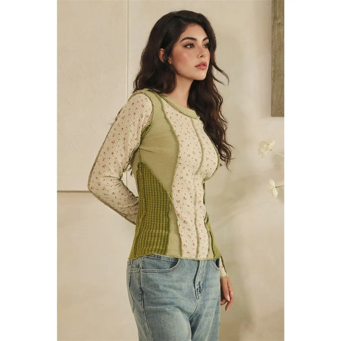 Green Washed Ditsy Print Waffle Mix Top