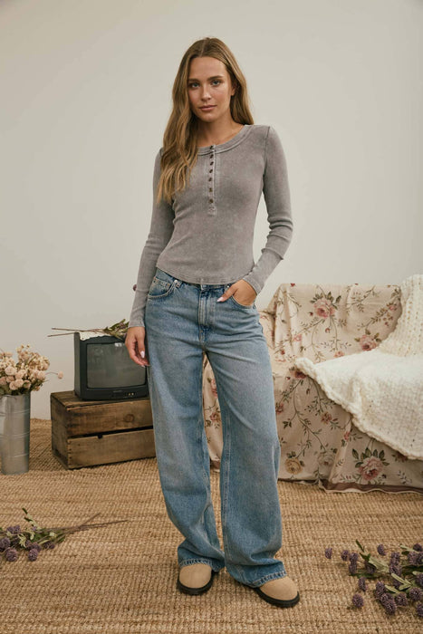 Charcoal Washed Long Sleeve Ribbed Henley Top